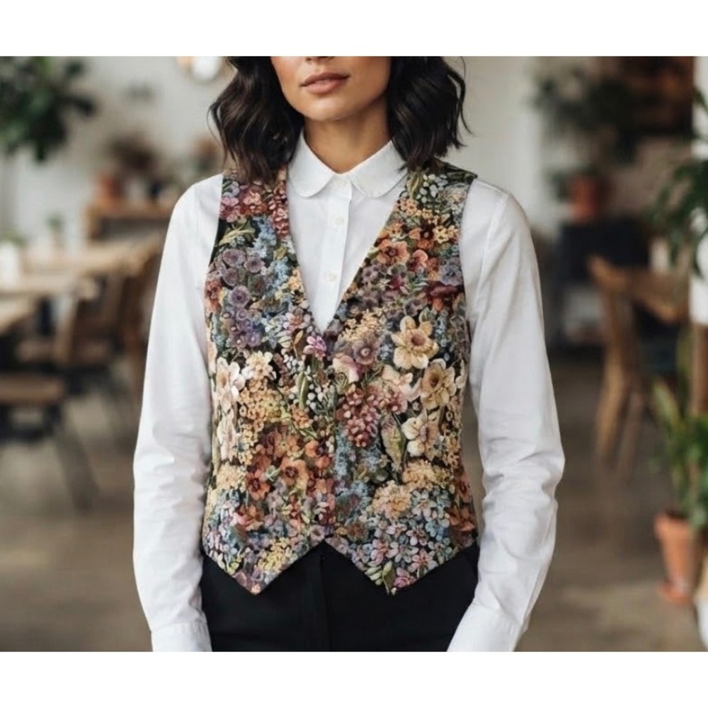 Jennie Vaughn Designs Vintage Tapestry Floral Vest Waistcoat Black Back Large